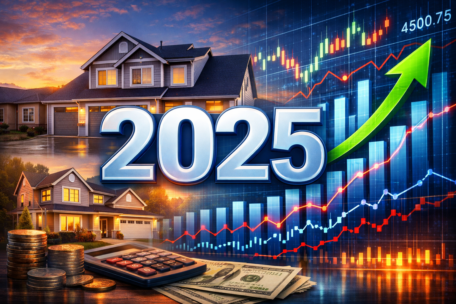 A montage showing 2025 with some houses and financial graphs.