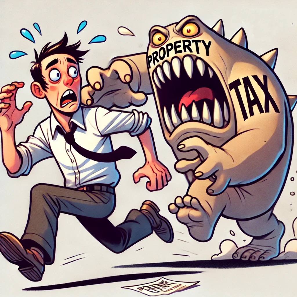 A property tax monster chases a homeowner