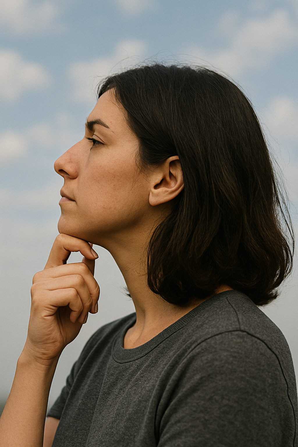 A woman contemplating while looking skyward